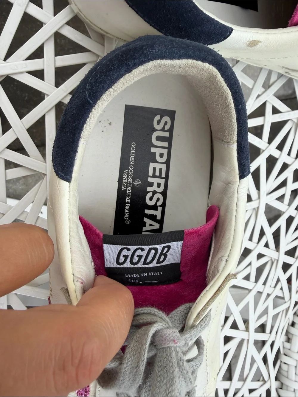 Golden Goose Kids White Leather Sneakers with Pink Glitter Star and Navy Heel